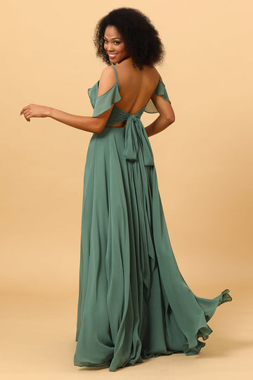 Eucalyptus A Line Spaghetti Straps Chiffon Bridesmaid Dress with Slit